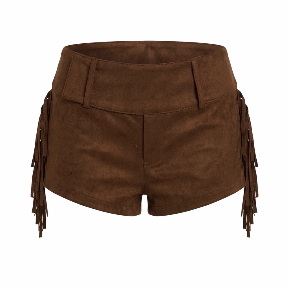 Dakohda Faux Suede Fringe Micro Short Chocolate Brown